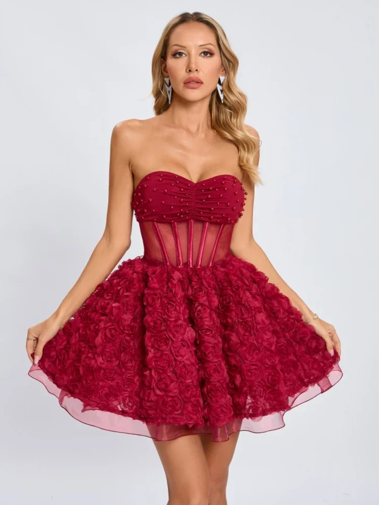 

New Sexy Strapless Mesh Patchwork A-line Mini Dress Women Red Sleeveless Lace Florals Slim Bodycon Celebirty Evening Party Gowns
