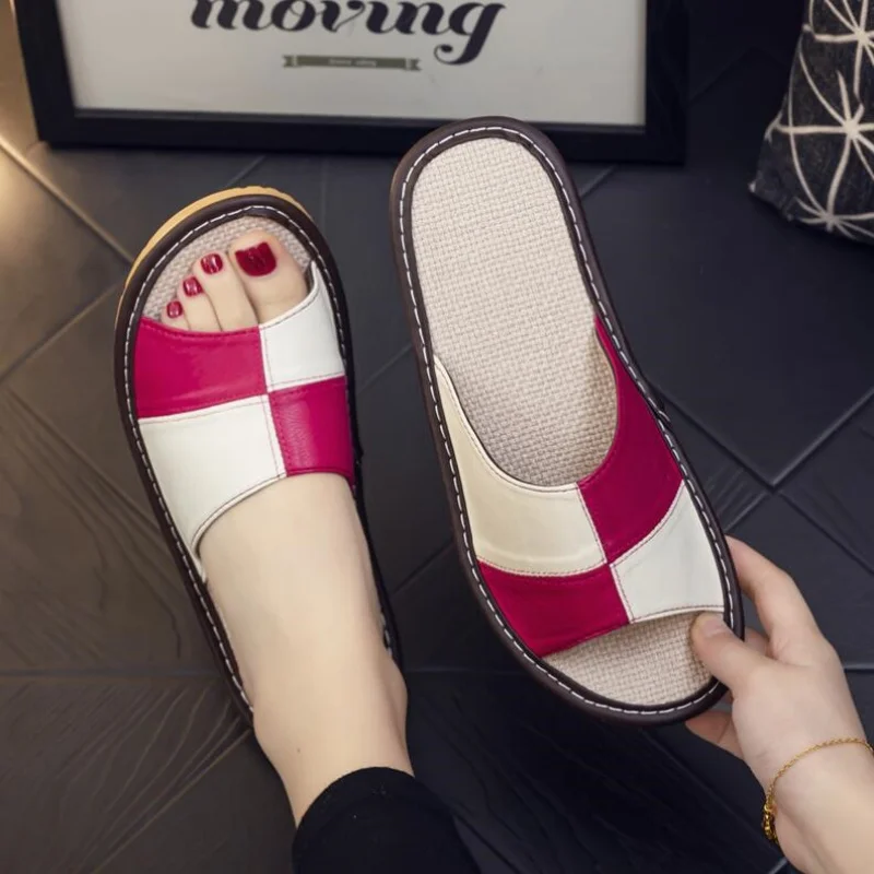 Light Luxury Genuine Leather Sheepskin Women\'s Slippers PVC Rubber Sole Non-Slip Summer Shoes Comfortable Soft Couple Sandals