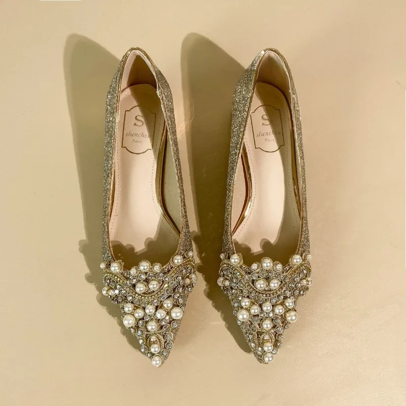 High-end Rhinestone Block Heel Single Shoes Fashion Pointed Toe Shallow Mouth Slip-on Non-Slip Low Top Shoes