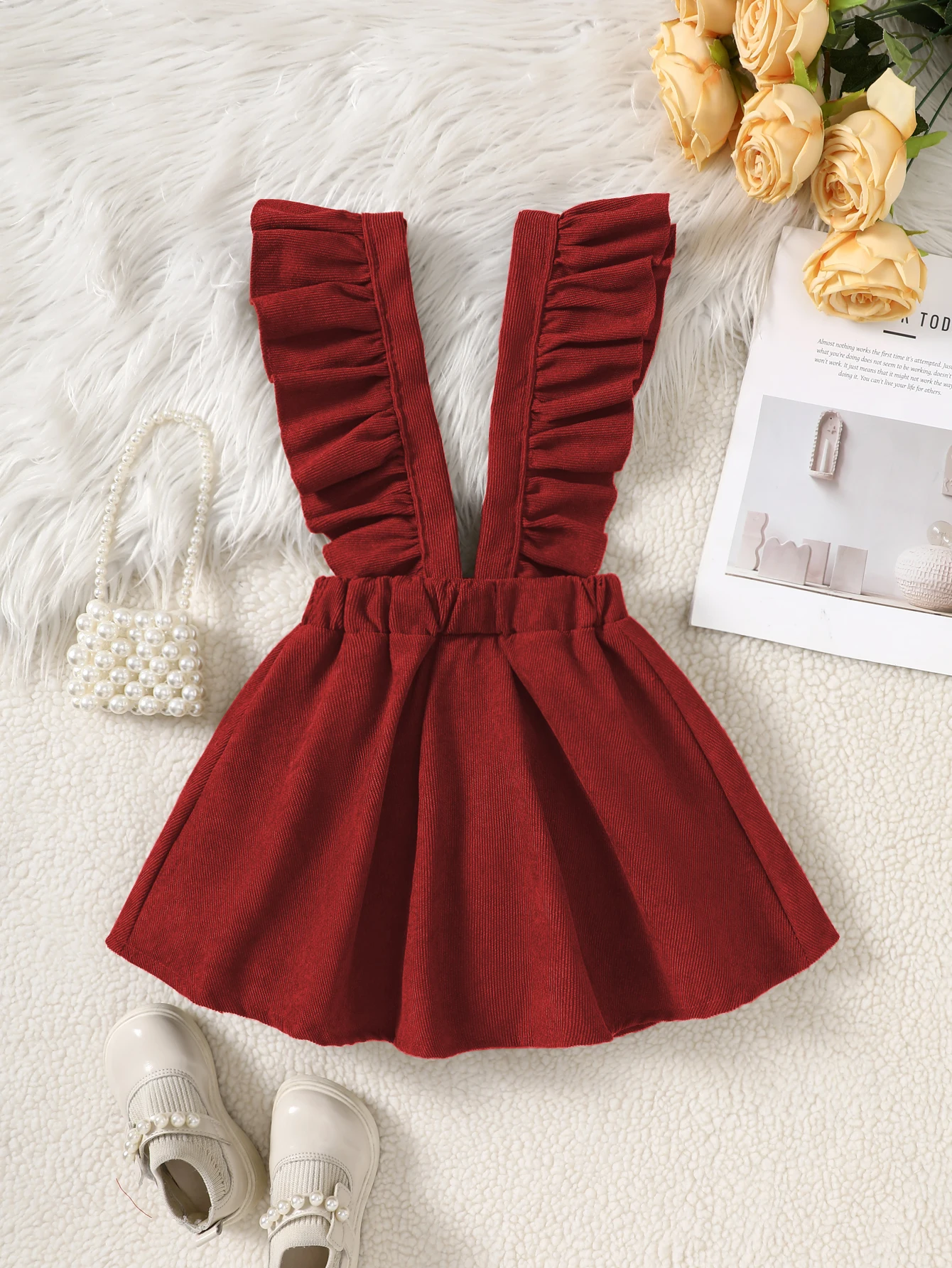 Girls Casual Fashion Corduroy Suspender Skirt Adjustable Skirt (Skirt Length Does Not Include Shoulder Straps)