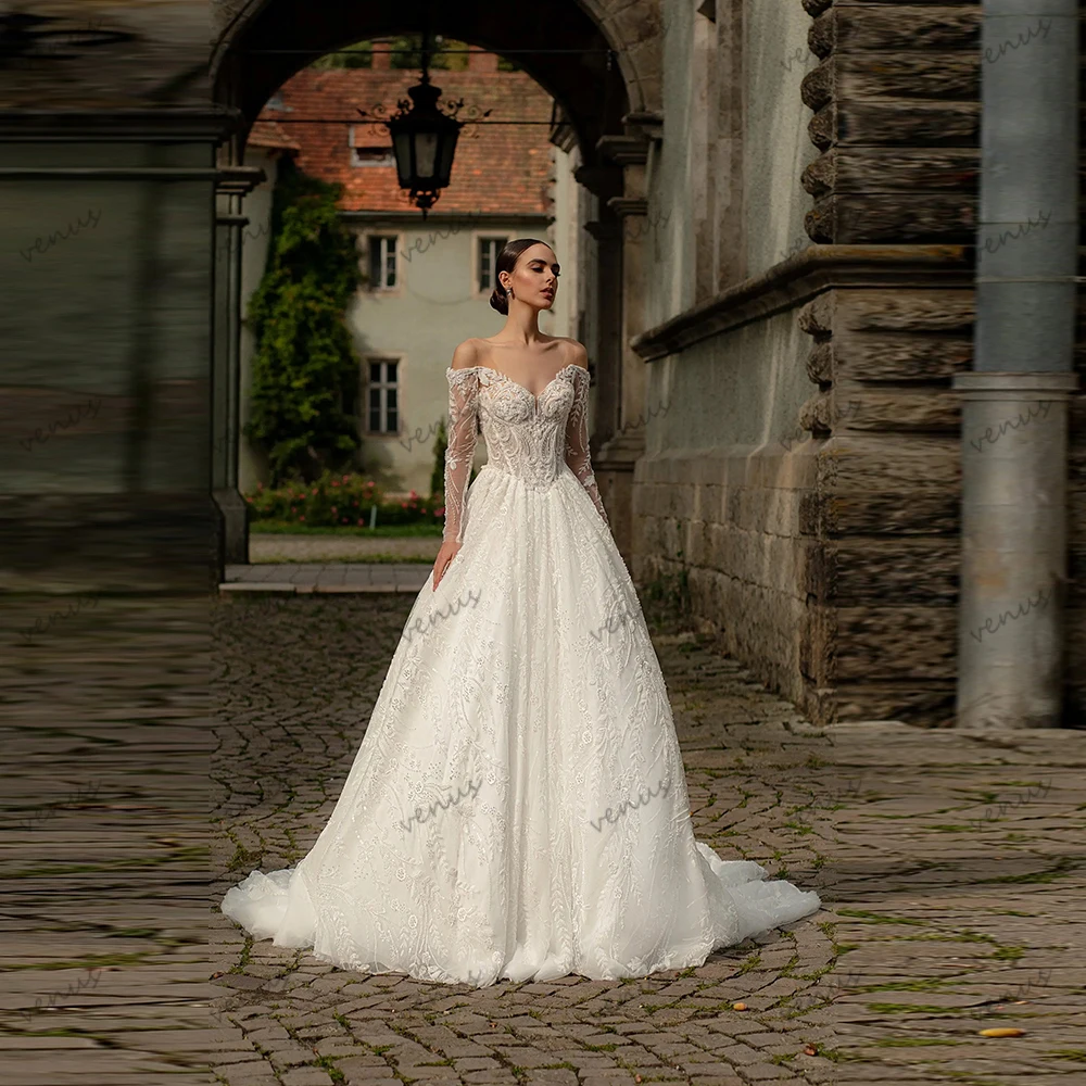 

Glamorous Wedding Dresses Elegant Bridal Gowns Lace Appliques Off The Shoulder Robes Full Sleeves Vestidos De Novia Customized