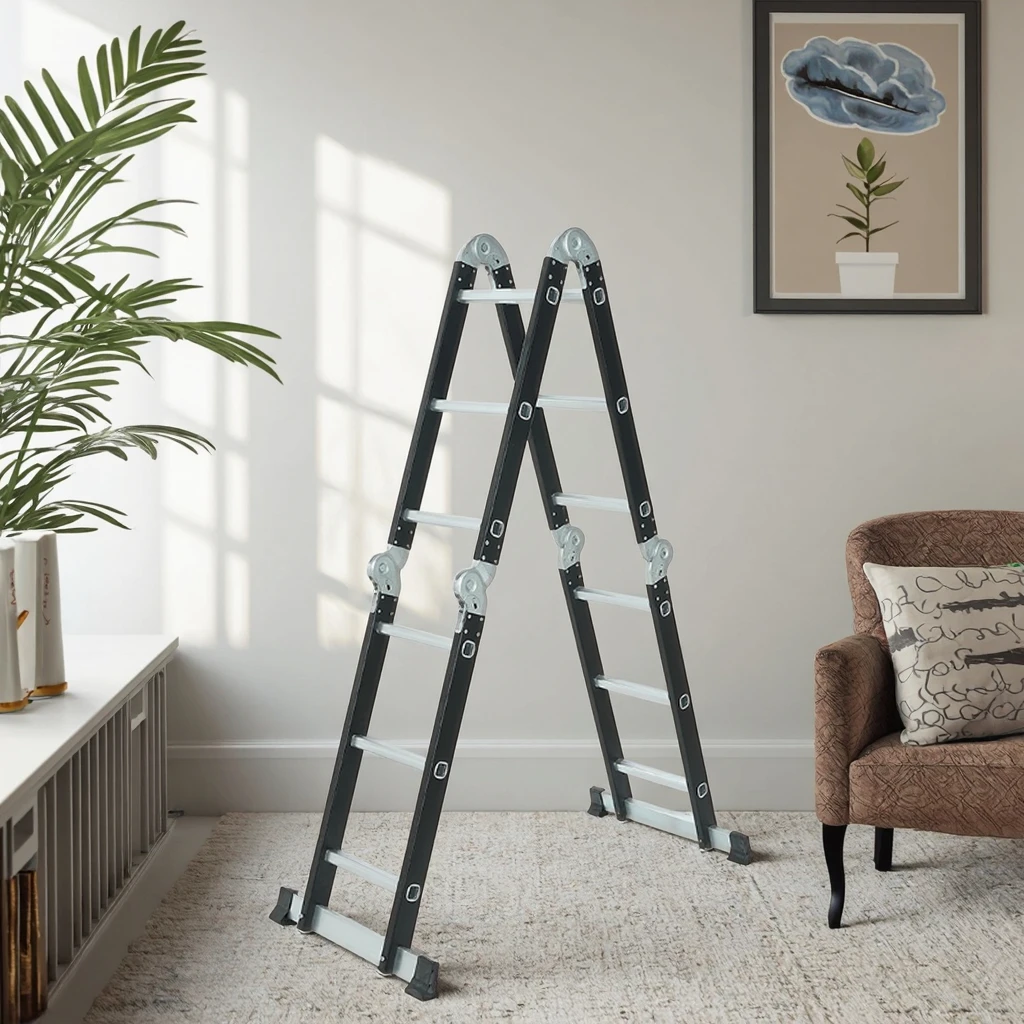 12-Step Lightweight Folding Aluminum Multi-Function Stairs & Ladder 4*3 with Safety Platform & Telescopic Design Modern Style