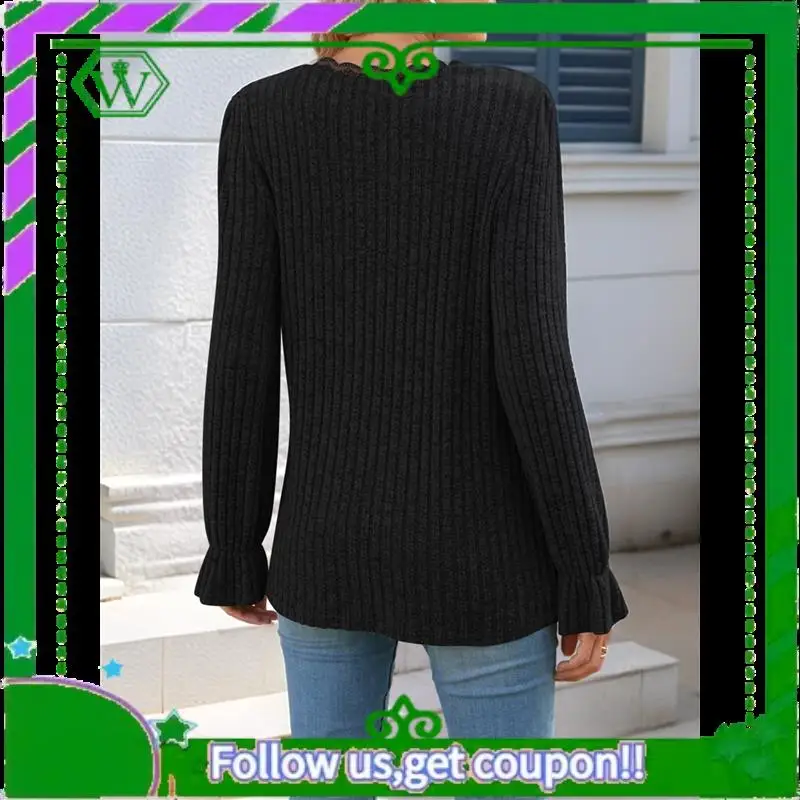 A18P-Long Sleeve Tops For Women Loose Fit Dressy Lace V Neck Casual Trendy Tops To Wear With Leggings Fall Fashion