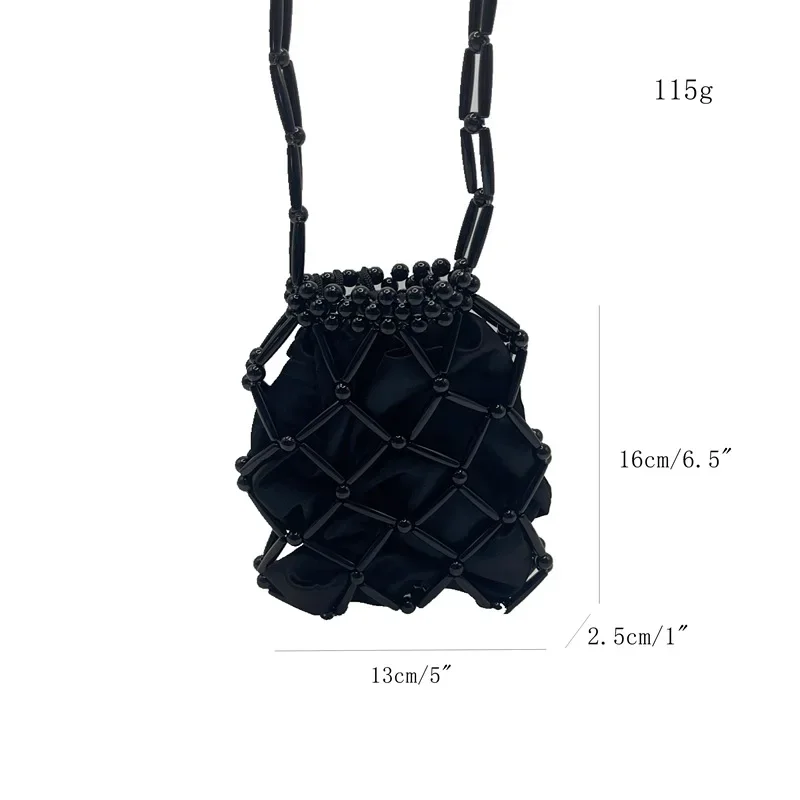 Women\'s Summer Mini Lipstick Zero Wallet Black Fashion Hollow Out Handwoven Acrylic Beads Drawstring Inner Bag Crossbody Bags