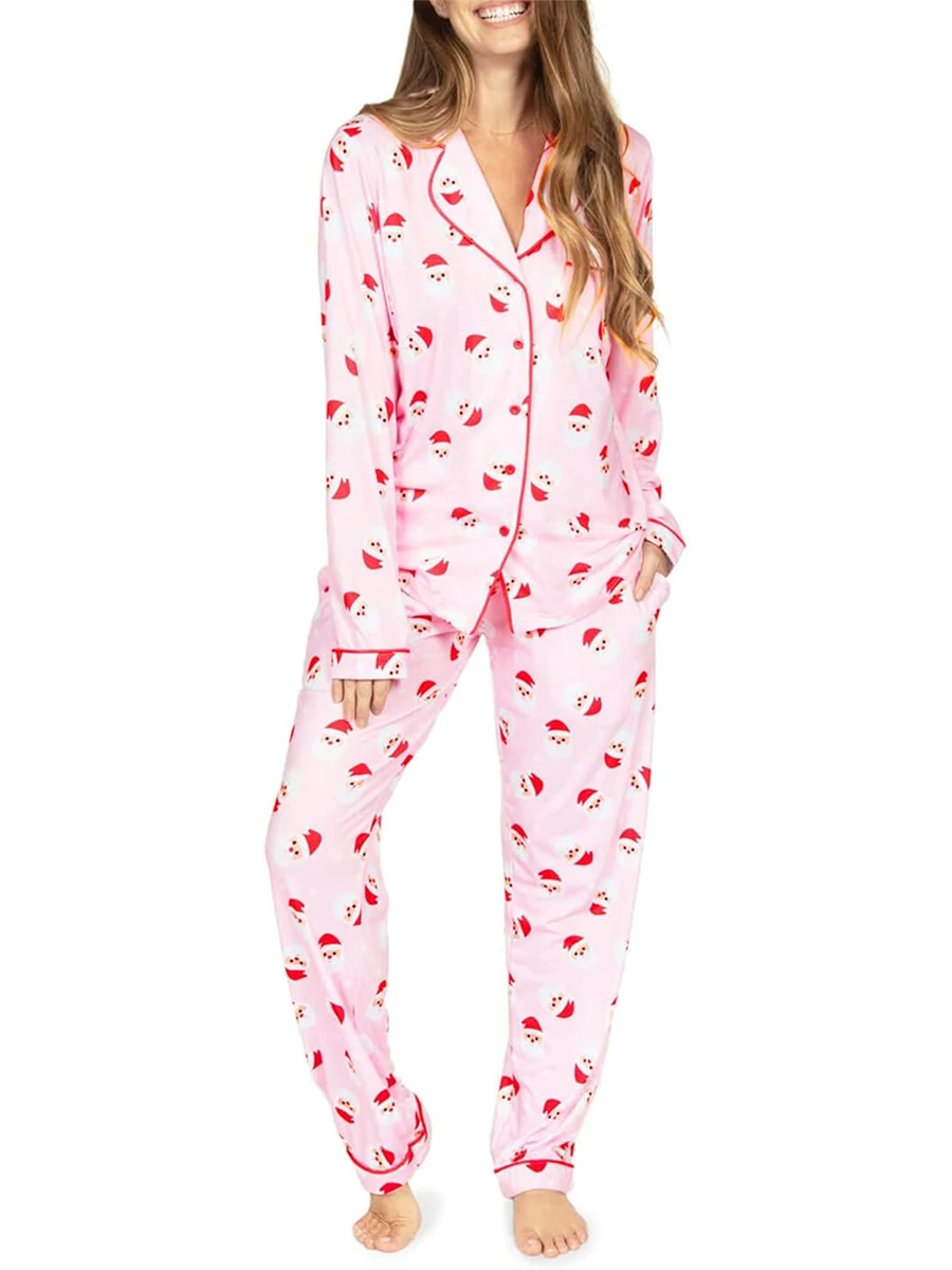 Frauen Weihnachten Pyjama Set Langarm Revers Knopf oben Santa Claus Print Hemd Hosen Nachtwäsche-Sets