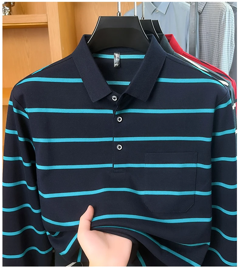 Leichtes Luxus-Poloshirt mit Streifenmuster, langen Ärmeln, für Herren, bequem, hochwertig, mit Tasche, neues lässiges T-Shirt, Frühling/Herbst, modisches Oberteil mit Kragen. – Detail 9