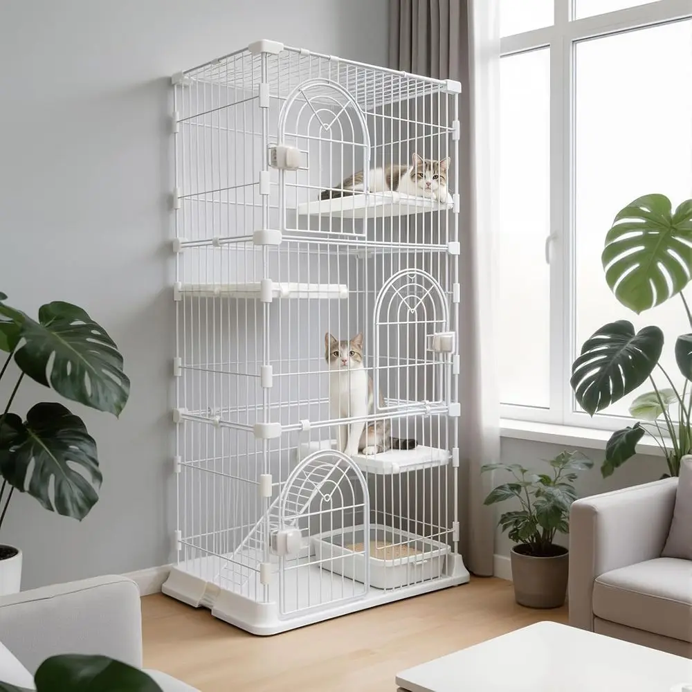 

White Three-Tier 52.5 Indoor/Outdoor Cat Enclosure with Wide Bottom Buckle and Reinforced Top Clips
