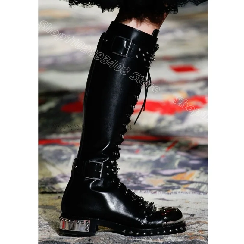 Black Rivet Decor Embroider Boots Round Toe Lace up New Fashion Party Dress British Style Women Knee Boots Zapatos Para Mujere