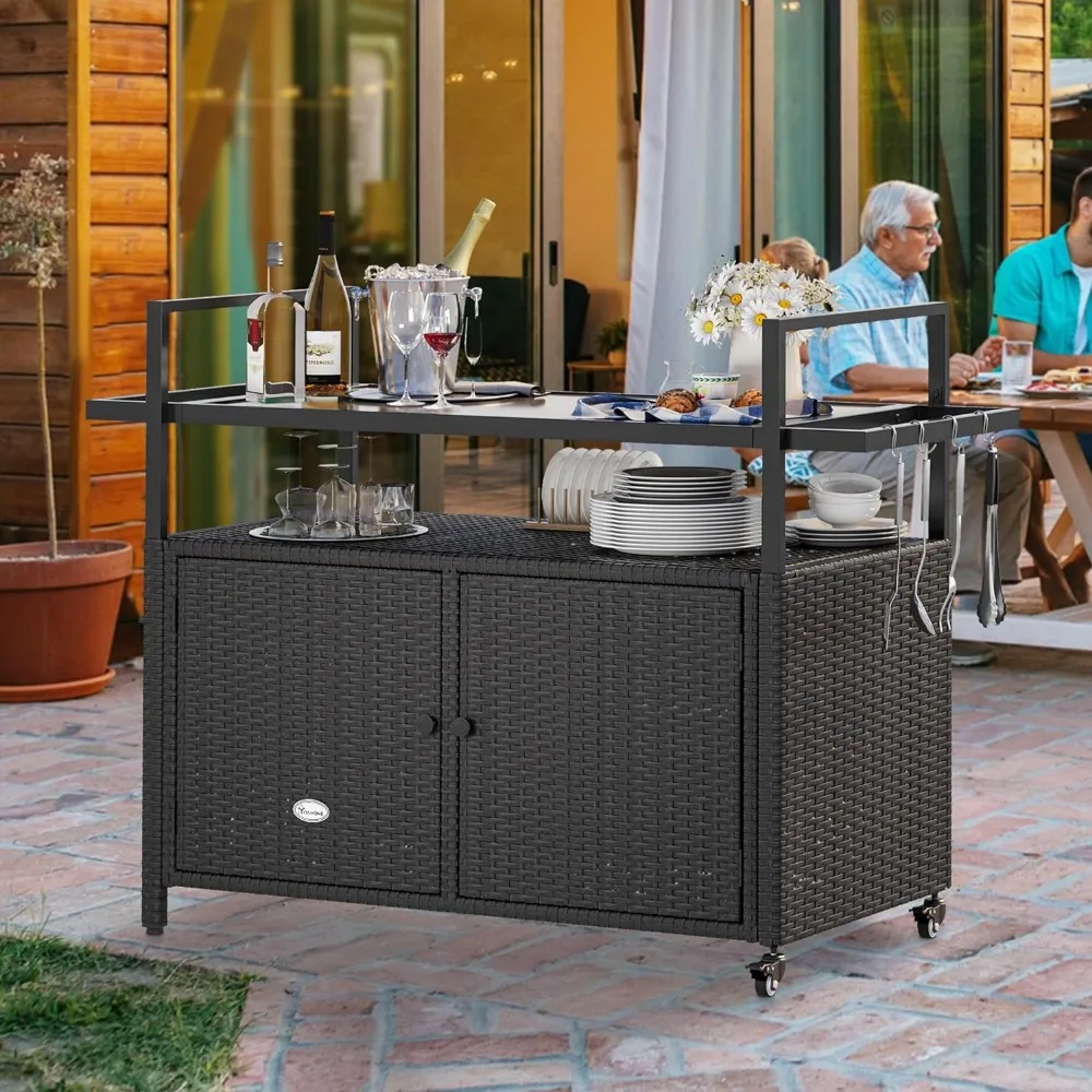 

Large Outdoor Kitchen Wicker Island Rolling Cart&Bar Table, Wheels and Black Glass Table Top for Patio, Poolside (Dark Brown)