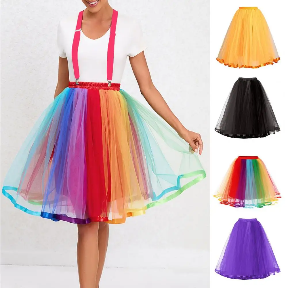 Women Full Skirt Halloween Mesh Skirt Rainbow Color Multi Layer Mesh Skirt with Elastic Waist Ribbon Edge Women's Colorful Gauze