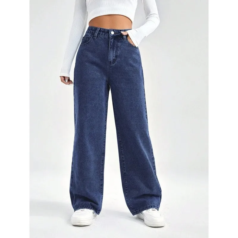Women's High Waist Wide Leg Straight Leg Loose Fit Light Wash Cotton Long Wrinkle Resistant Jeans with Functional Pocket Detail view 3