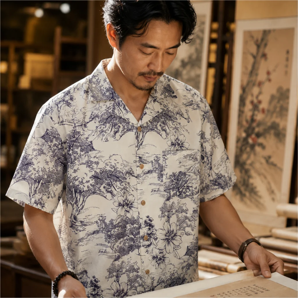 Men's Summer Hawaiian Shirt Chinese Landscape Floral Print Camp Collar Short Sleeve Button Down Casual Beach Vacation Shirt