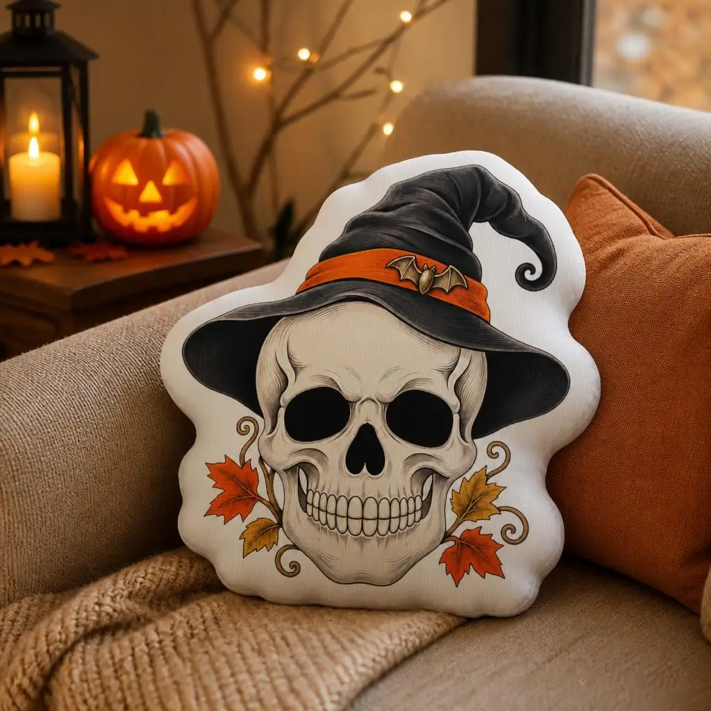 Halloween Witch Skull Shaped Pillow Gothic Autumn Cushion Stuffed Throw Pillow for Spooky Fall Sofa Accent Home Decor Gift