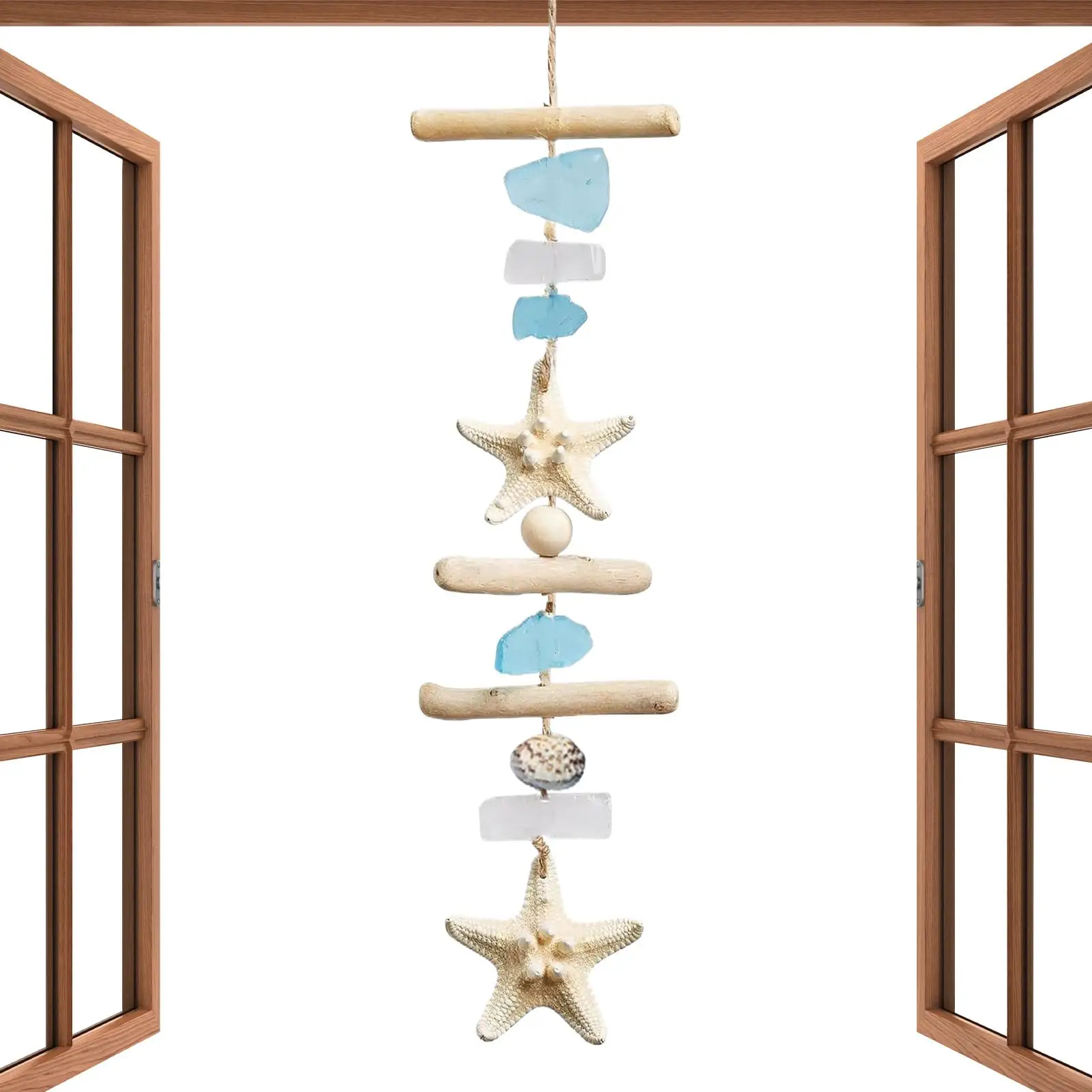 decoracao-de-parede-tematica-nautica-com-vidro-do-mar-e-madeira-ornamento-costeiro-com-conchas-e-madeira-flutuante-decoracao-para-casa-com-tema-de-praia