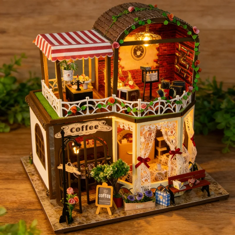 OUZEY Two-Story Flower Villa DIY, 3D Wooden Dollhouse with Garden, Creative Building Kit for Teens