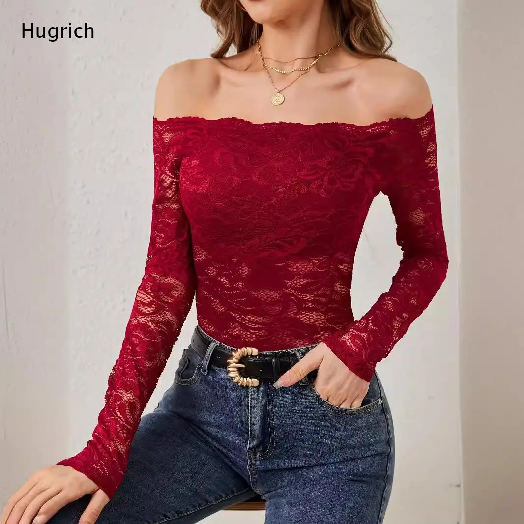 Women's Elegant Off Shoulder Lace Long Sleeve Top - Slim Fit Scalloped Neck Blouse for Party Club Night Out Fashion Streetwear