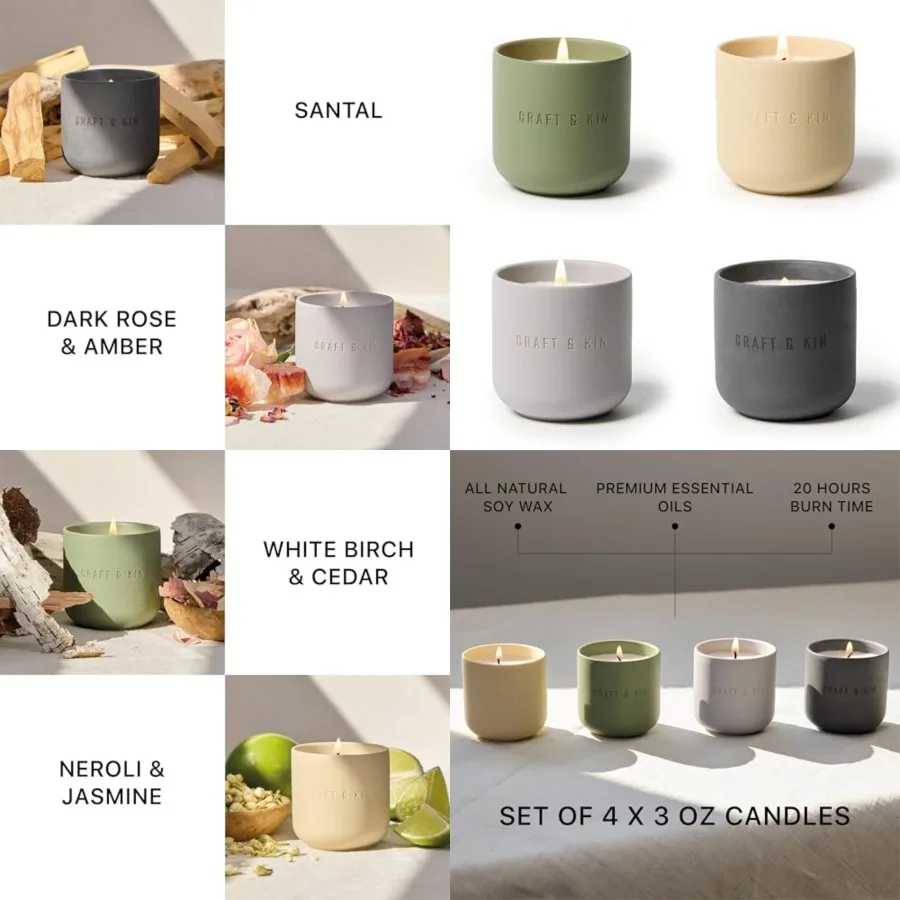 

Scented Candles Discovery Set 4 Pack of 3oz Winter Candles 20-Hour Burn Time Soy Blend Wax Cotton Wick Ceramic Jars