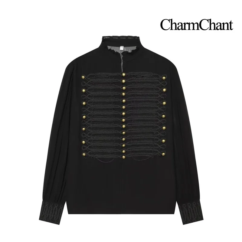 CHARMCHANT Women's Blouse High Collar Ruffled Military Hussar Braid Gold Button Sheer Lantern Sleeve Shirt Top Autumn 2026