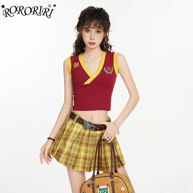 RORORIRI Sleeveless Tank Top Plaid Mini Skirt Set Women Vintage V-neck T-shirt Low Waist A-line Pleated Skirt JK School Uniform