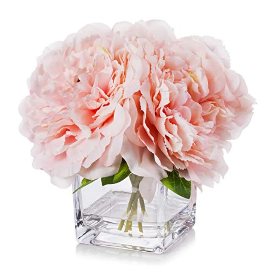 

Artificial Peony Flowers Arrangements in Cube Glass Vase with Faux Water for Home Table Wedding Centerpiece Decor