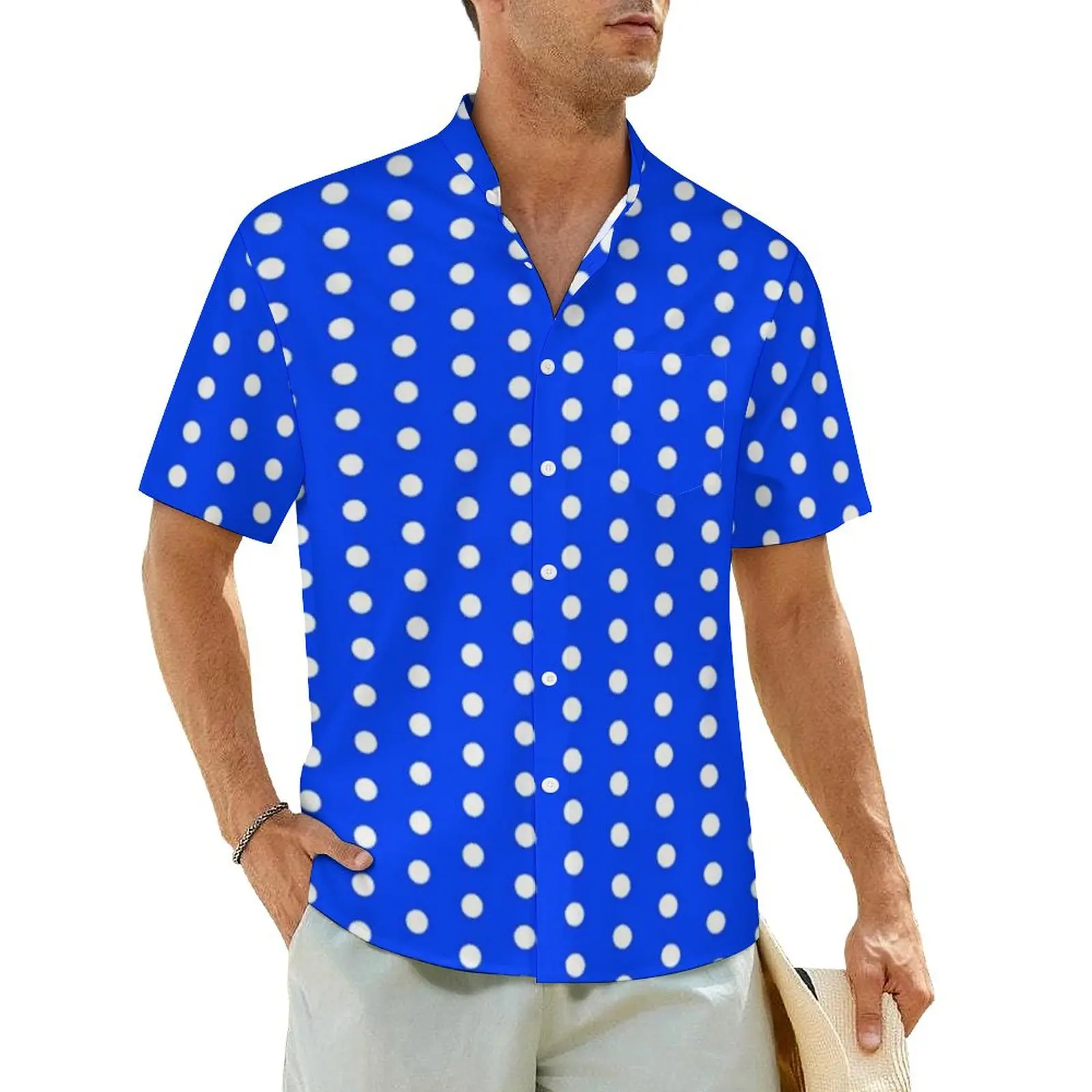 

Blue White Polka Dot Hawaii Shirt Men Vacation Vintage Casual Shirts Short Sleeve Street Style Print Novelty Oversized Blouses