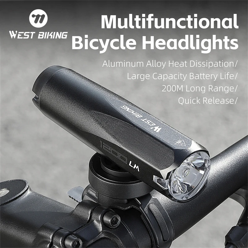 WEST BIKING Type-C Rechargeable Multifunctional Bicycle Headlight 600/900/1200LM Bike Intelligent Bike Lamp Cycling Accessories