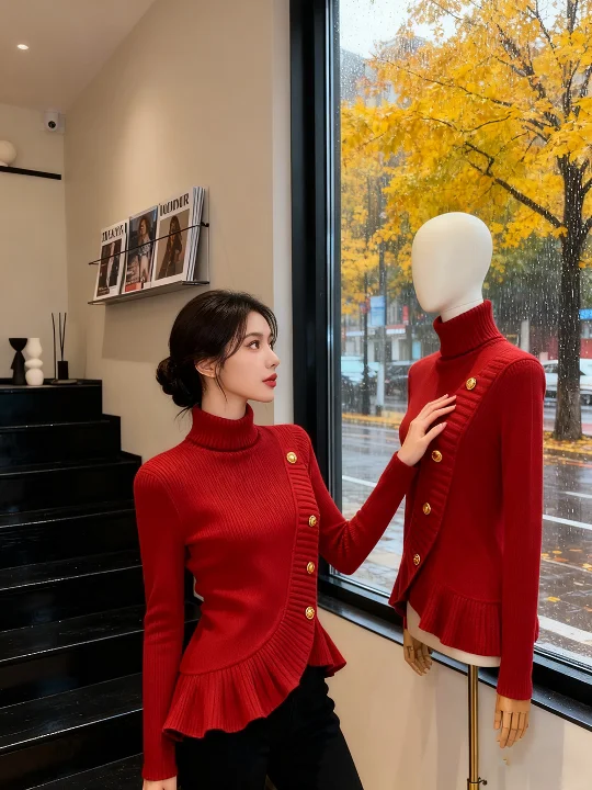 

Уникальный шикарный красный вязаный свитер в корейском стиле, дышащий, мягкий, длинный, свободного кроя, с круглым вырезом, женский топ для ранней осени