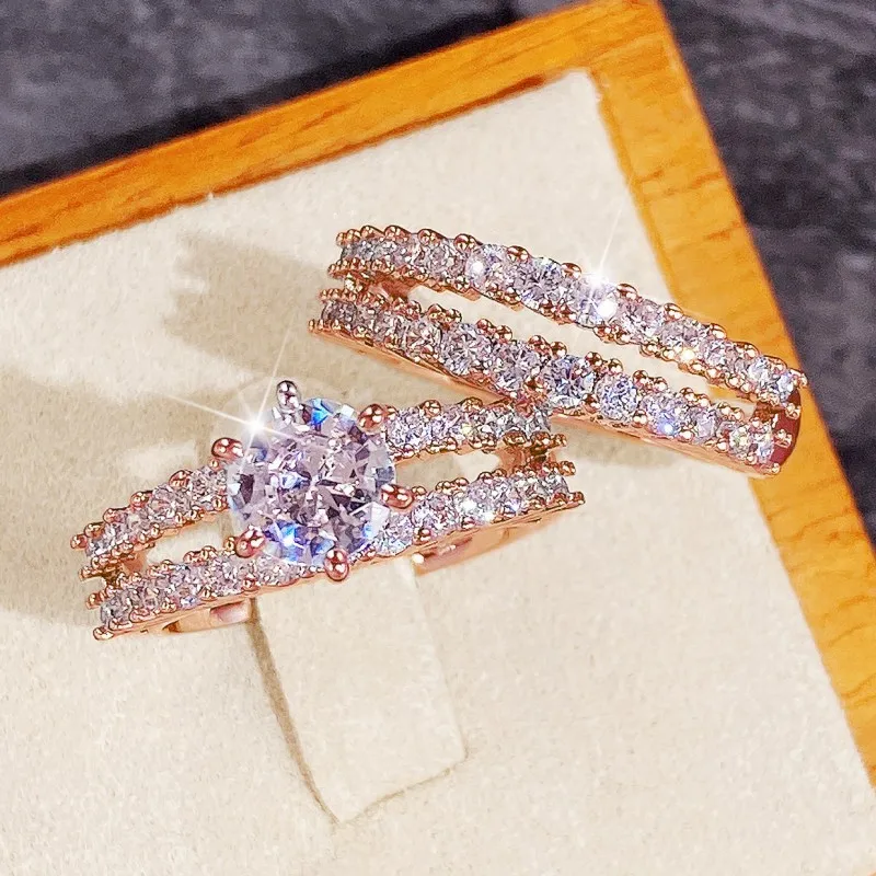 Huitan Trendy Hohl Set Ringe Voll Bling Iced Out CZ Stein Luxus Frauen Hochzeit Verlobung Ringe 2Pcs Set Schmuck drop Shipping – Detail 8