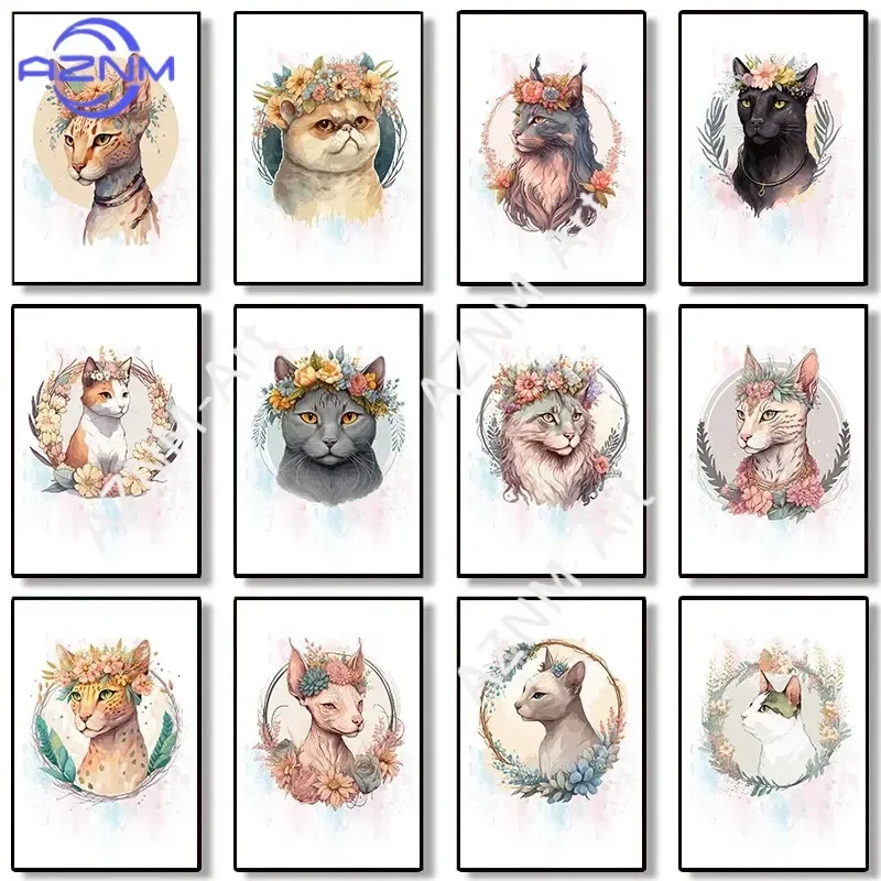 Watercolor Art Flower Cats Portrait Poster Wall Art Minimalist Print Canvas Painting Posters for Bedroom Modern Home Decor