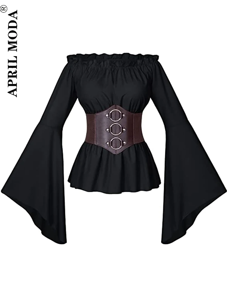 2023 Elegant Halloween Cosplay Vintage Shirt Solid Corset Renaissance Victoria Medieval Steampunk Pirate Tops Bandage Shirts