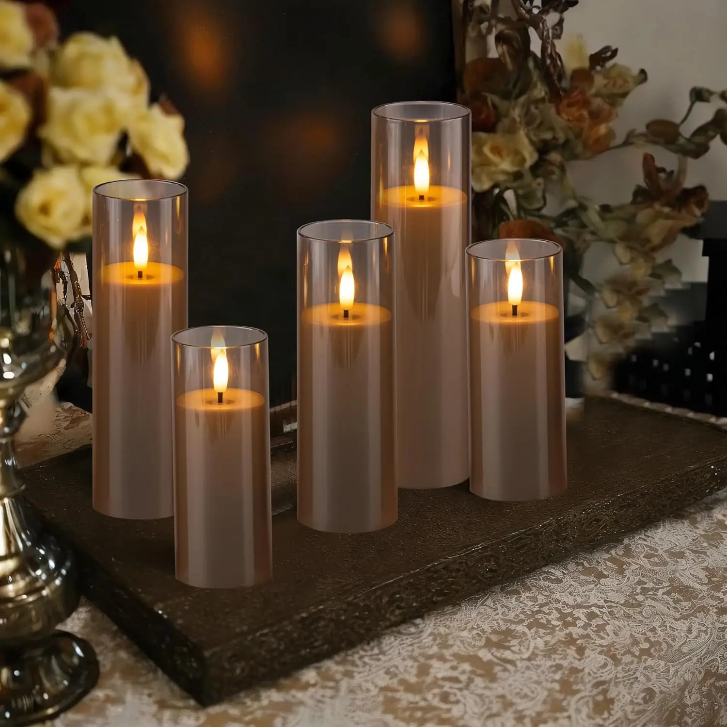 5pcs Set Gray Acrylic Flameless Candles Battery Operated Candles Flickering LED Pillar Candles with Remote Control and Timer