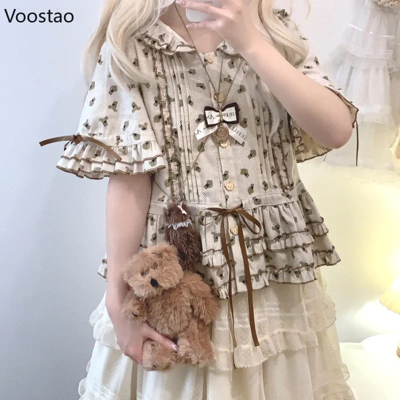 Japanese Sweet Lolita Shirt Women Kawaii Lace Ruffles Bear Print Hooded Blouses Vintage Y2k Tops Blusas Mujer Korean Cute Tees
