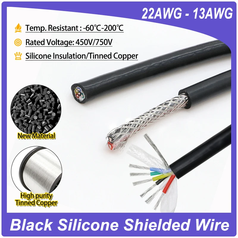 1-8m High Temperature Silicone Rubber Shielded Wire Sq. 0.3 - 2.5mm² 2 3 4 6 Cores Double Shielded Flexible Tinned Copper Cable