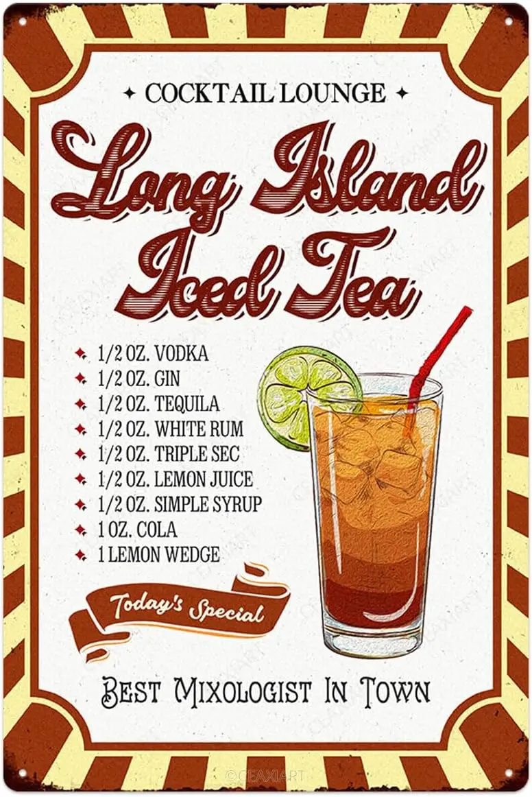 Póster de cóctel, carteles de Metal Vintage, Long Island, té helado, recetas de cóctel, letrero de estaño, decoración, accesorios de Bar, Plaq colgante artesanal