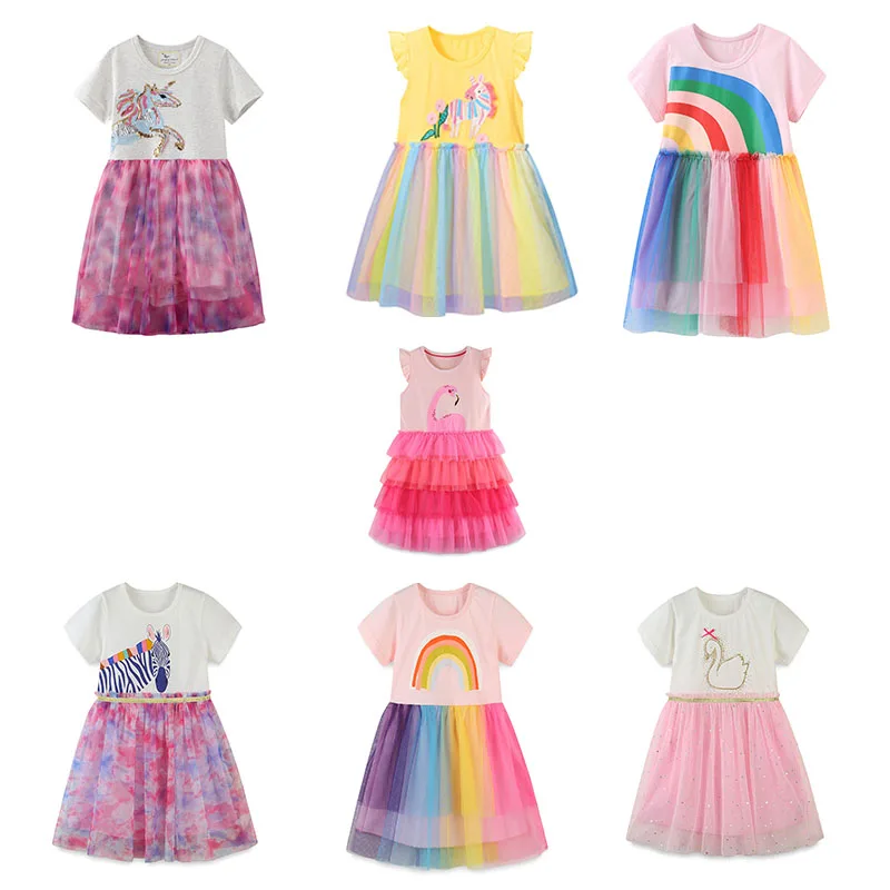 Jumping Meters 2-7T Unicorn Party Girls Dresses Summer Mesh Princess Children Cotton Birthday Party Kids Tutu Toddler  Dresses