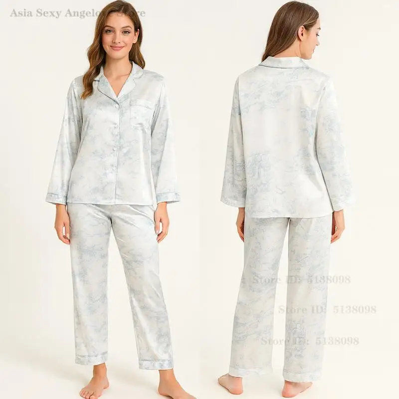 

Women's Pajamas Set Blue Print Ice Silk Sleepwear Sexy Satin Loungewear Intimate Lingerie Long Sleeve Pijama Mujer Home Wear