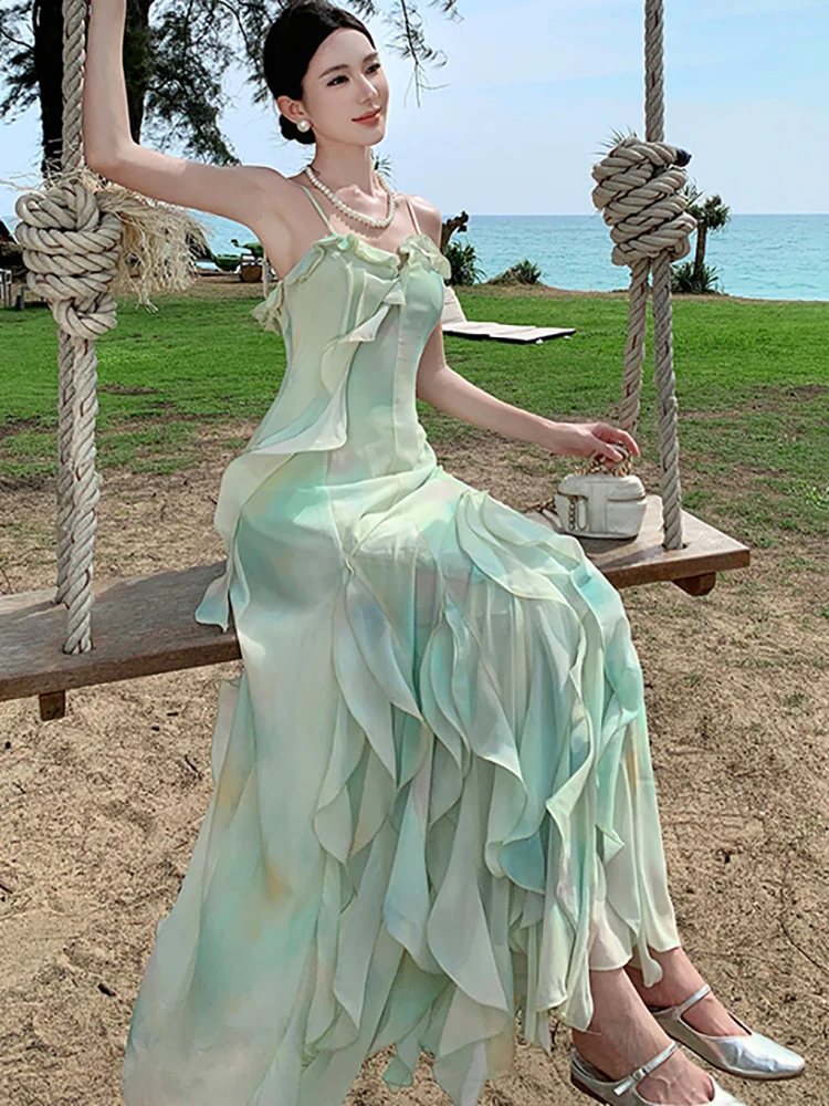 2024 New Green Chiffon Ruffled Luxury Sling Long Dress Summer Elegant Casual Beach Style Dress Women Korean Bodycon Party Dress