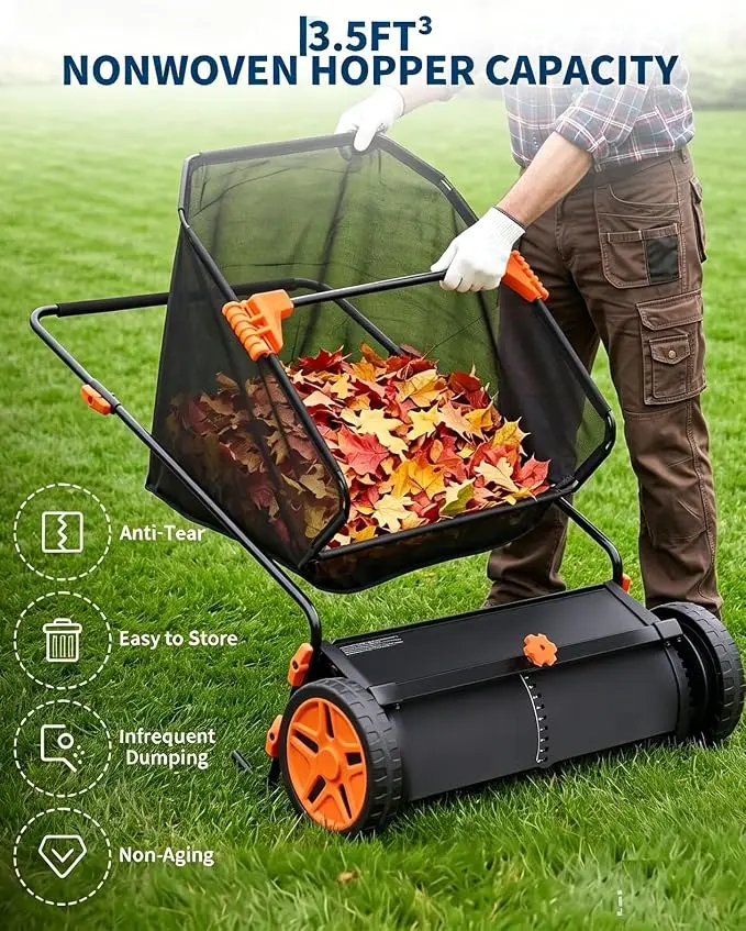 21 Inch Push Lawn Sweeper with Large 3.5 cu ft Collection Bag, Heavy Duty For Driven Leaf & Yard Collector