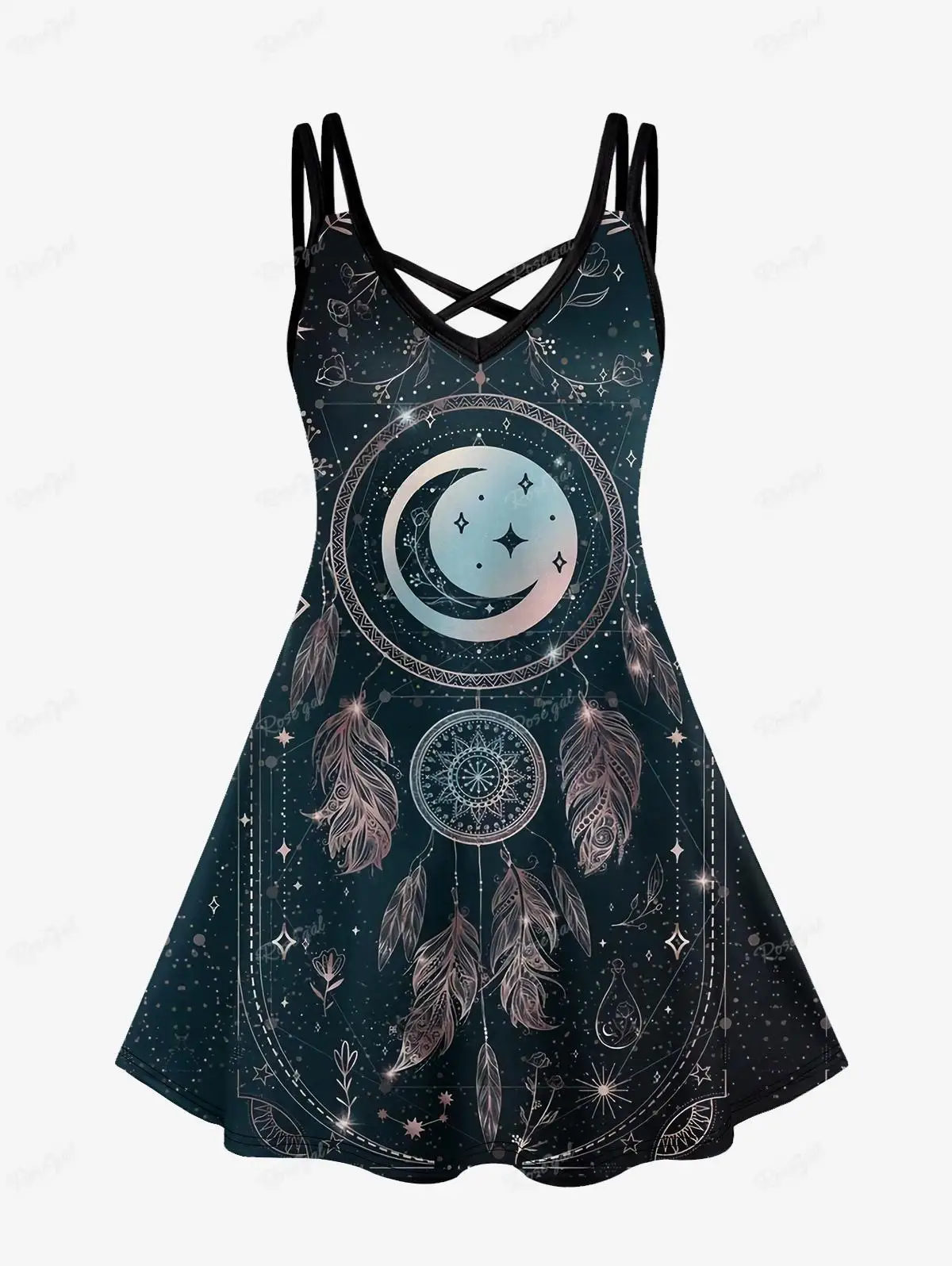 ROSEGAL Plus Size Gothic Crisscross Cami-jurk, Dreamcatcher Graphic, Moon-en Star Print, Casual jurken Grafische feestjes