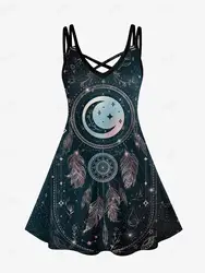 ROSEGAL Plus Size Gothic Crisscross Cami Dress, Dreamcatcher Graphic, Moon and Star Print, Casual Dresses Graphic Vestidos