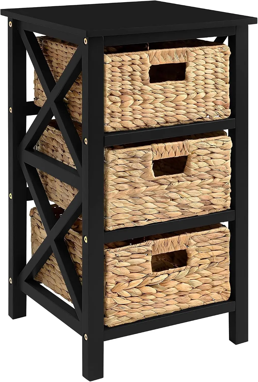 Three Tier X Side End Table, Bedside Nightstand For Bedroom Living Room, Compact Accent Storage Stand With Three Natural Woven Baskets And Wooden Frame, Black