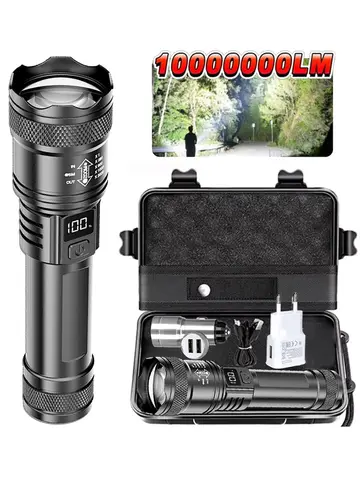 High-power Led Flashlight USB Rechargeable Torch with Display Zoomable Light with Battery Camping Hiking Lantern Emergency Lamp