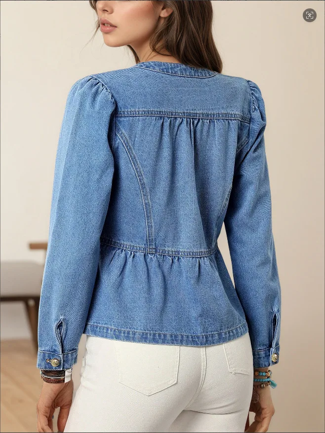 Cappotto di jeans da donna manica svasata giacche solide bottoni in vita stretta giacca o collo cappotti casual slim base Office Lady autunno 2025