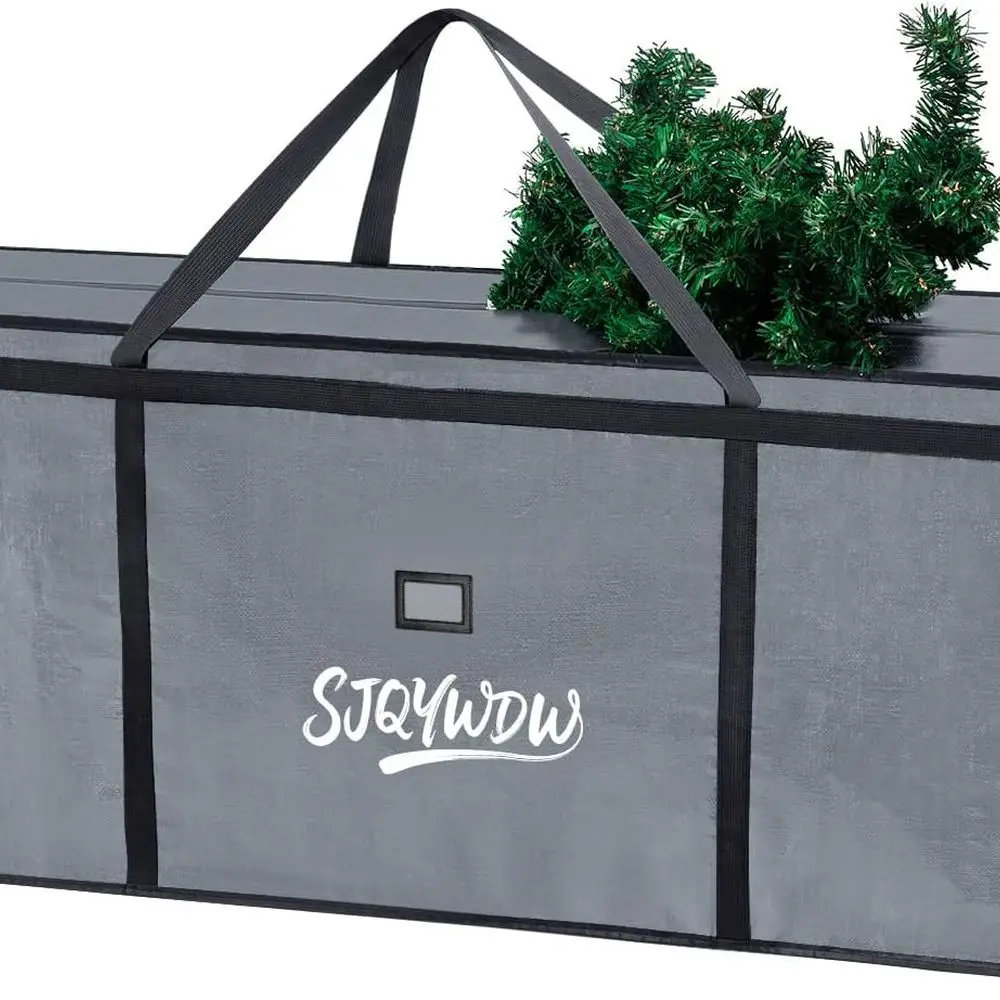 Heavy-Duty 12ft Christmas Tree Storage Bag with Zippered Mesh Pockets and Reinforced Handles (Grey)