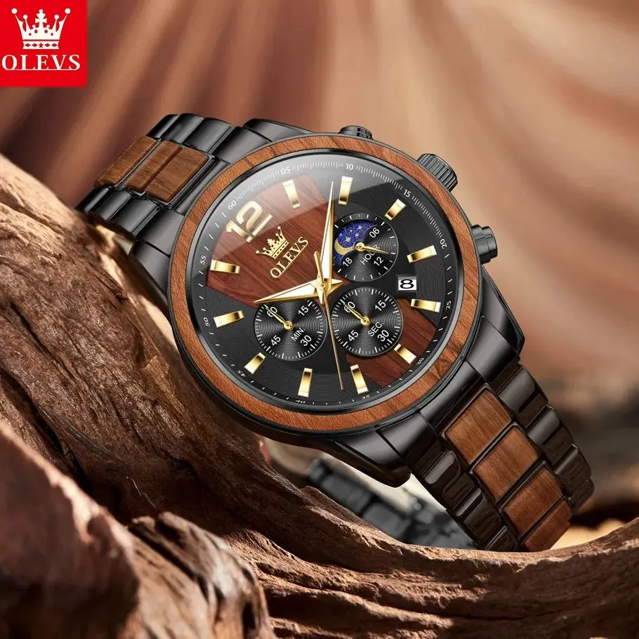 

OLEVS 3645, мужские часы, роскошные оригинальные деловые спортивные кварцевые наручные часы, водонепроницаемые деревянные часы с датой недели и луной для мужчин, подарок