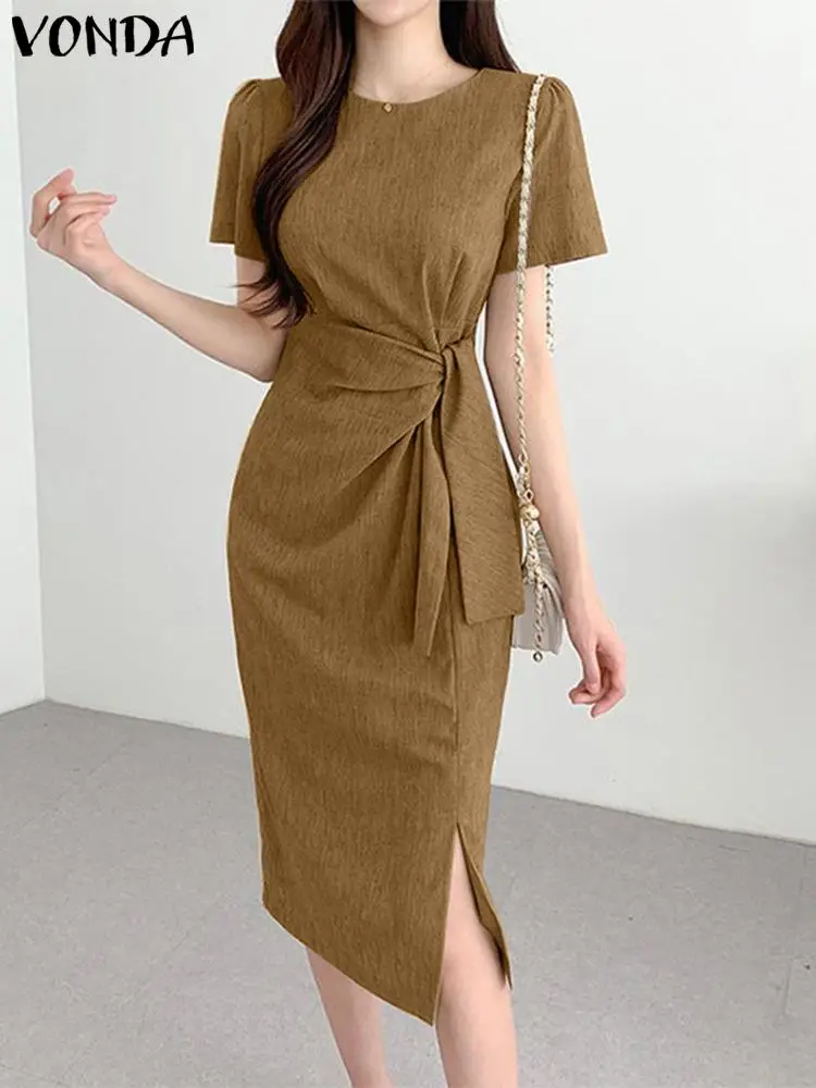 Women Elegant Midi Dress VONDA Summer Solid Color Short Sleeve Sundress Sexy Belts Party Vestidos Casual Loose Robe Oversized