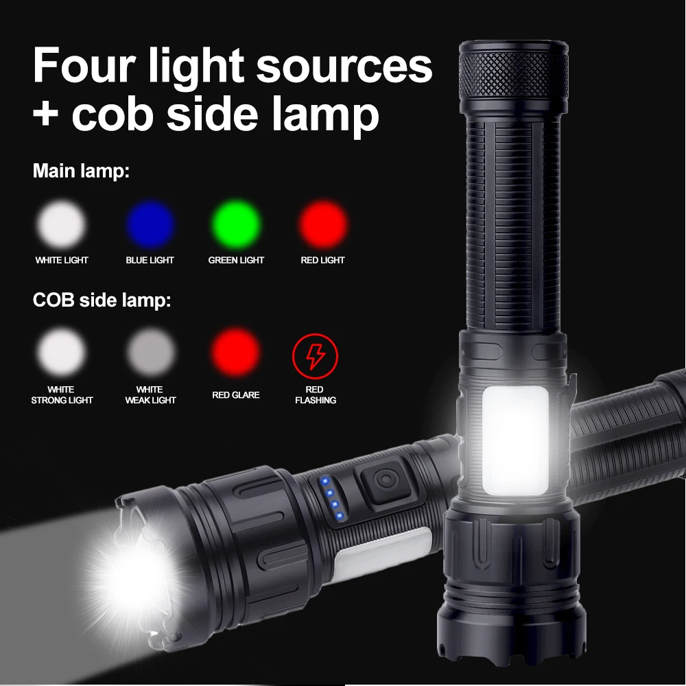 4 in 1 Zoomable Hunting Flashlight 30W 4000LM White+Green+Red+Blue 7 Modes Multi-color Outdoor Waterproof Type-C Charging Torch