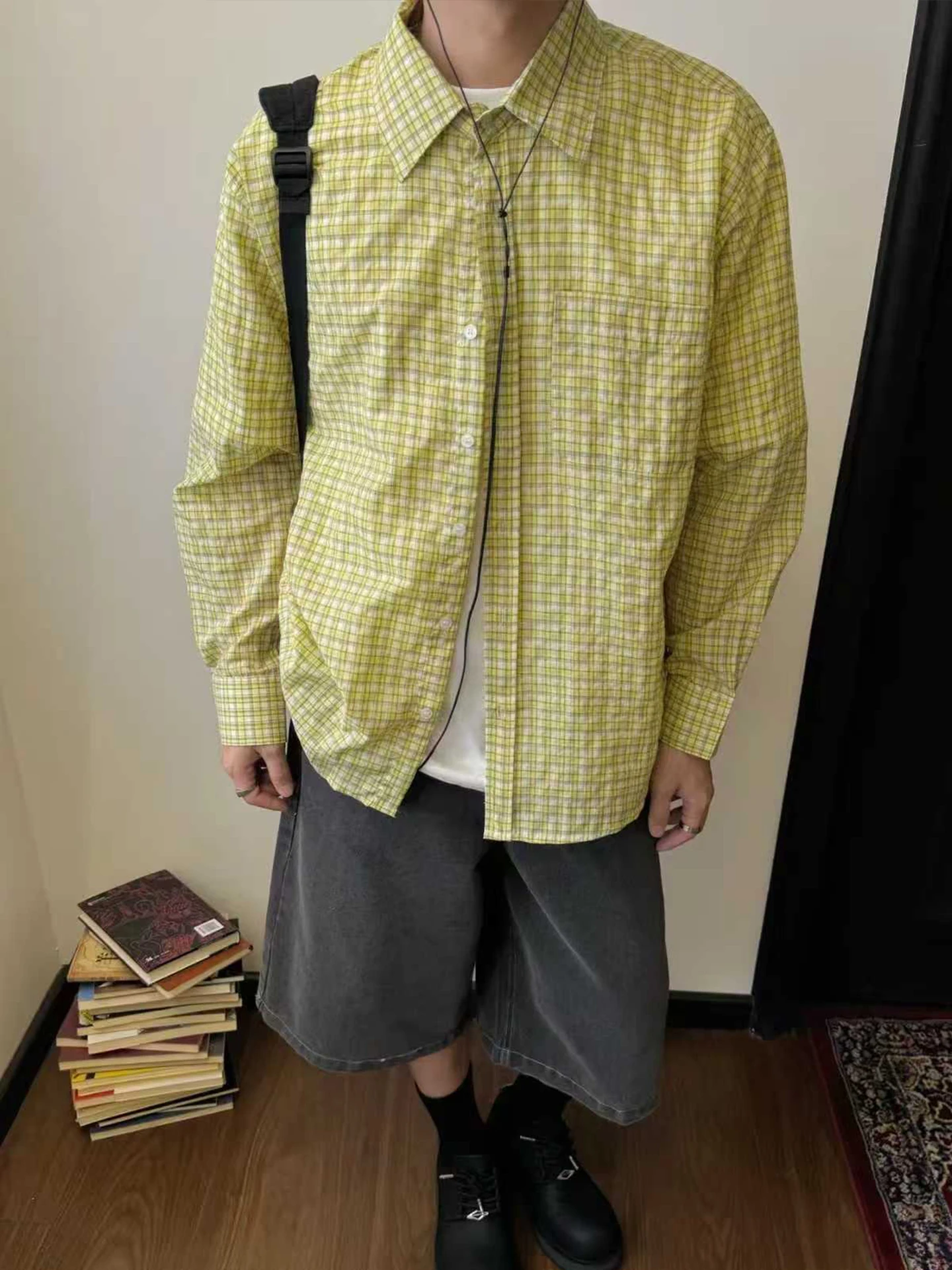 Lightweight Cool Plaid Long Sleeve Lemon Yellow Grid Pattern Men's Shirt Summer Casual Style Sun Protection Loose Fit