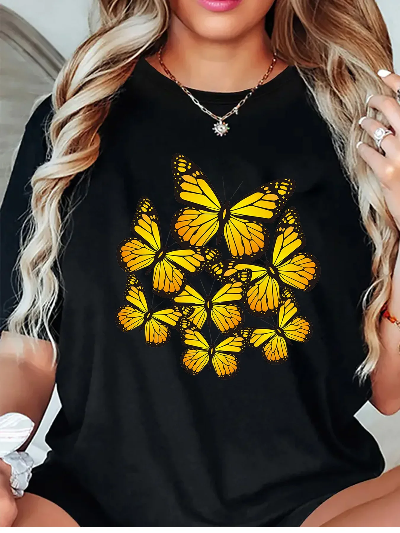 Cheap Cute Yellow Monarch Butterfly Cluster Bright Vintage Art Print Graphic Lady T Shirt Short Sleeve Crew Neck Casual Tee Top