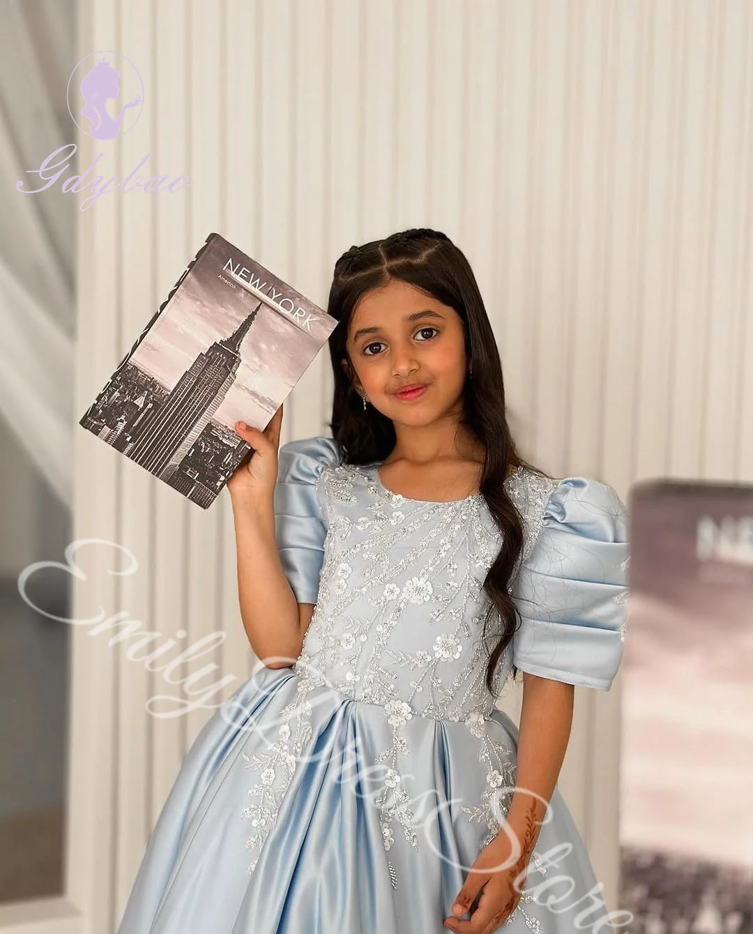 Vestido de niña de flores azul cielo personalizado para boda, satén, media manga, apliques hinchados, vestidos de baile de primera comunión de cumpleaños para niños